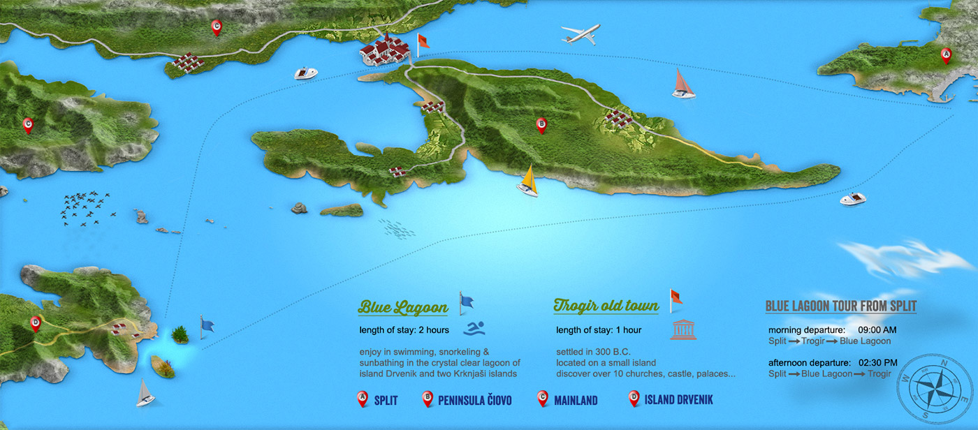 Infographic map of the Blue Lagoon tour from Split