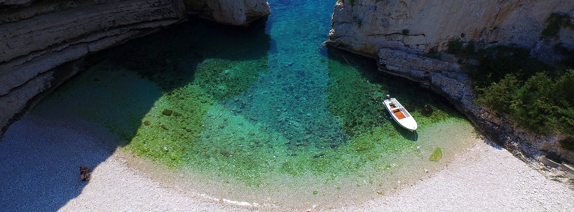 Stiniva Cove, island Vis, aerial view of Stiniva beach