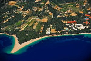 Zlatni Rat beach from air, Bol, island Brac