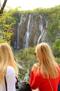 looking at the large waterfall