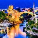 Mostar bridge at and river at night