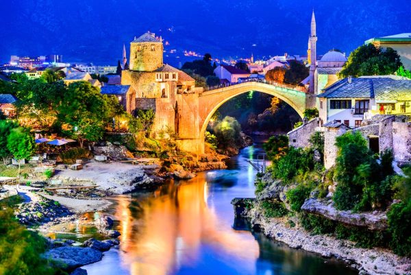 Mostar bridge at and river at night