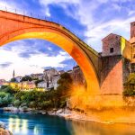 Mostar bridge with lights at night