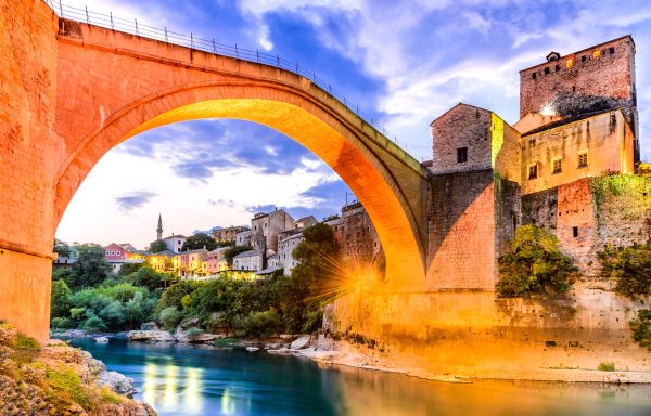 Mostar bridge with lights at night